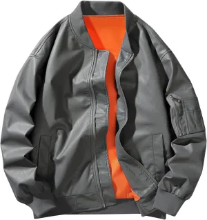 Leather Jackets For Mens Faux Motorcycle PU Leather Coats Motorcycle Biker Racing Solid Color Zipper Pocket Outwear