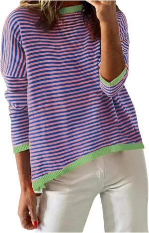 Light Sweatshirt for Women Fashion Casual Round Neck Striped Tops Long Sleeved Sweater Hoodless Hoodie