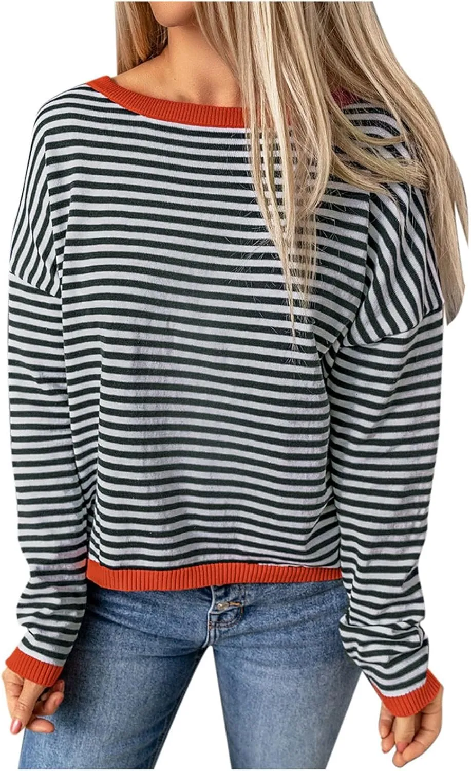Light Sweatshirt for Women Fashion Casual Round Neck Striped Tops Long Sleeved Sweater Hoodless Hoodie
