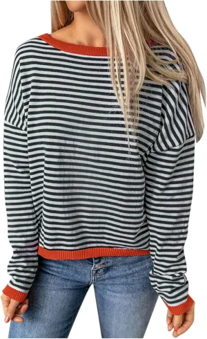 Light Sweatshirt for Women Fashion Casual Round Neck Striped Tops Long Sleeved Sweater Hoodless Hoodie