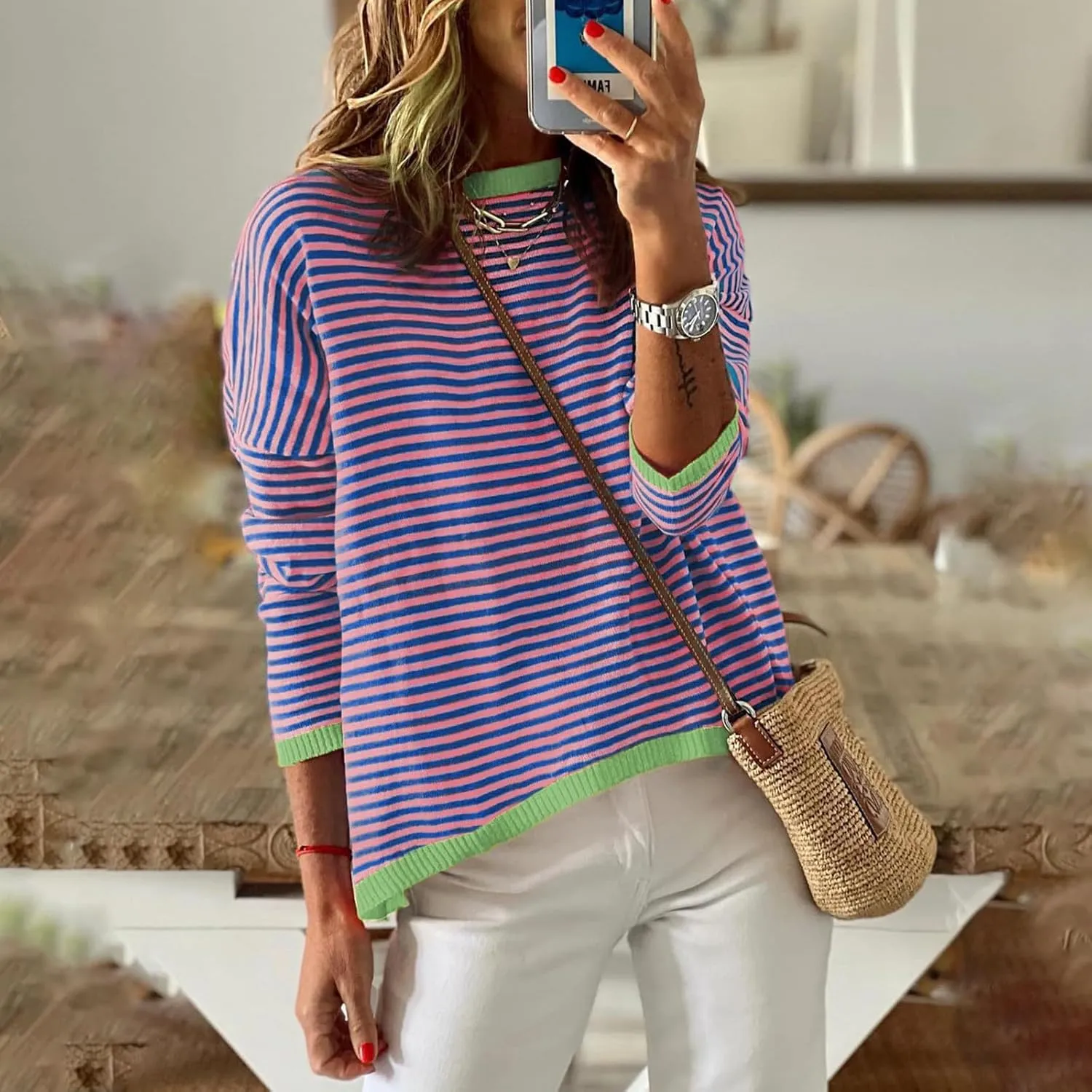 Light Sweatshirt for Women Fashion Casual Round Neck Striped Tops Long Sleeved Sweater Hoodless Hoodie