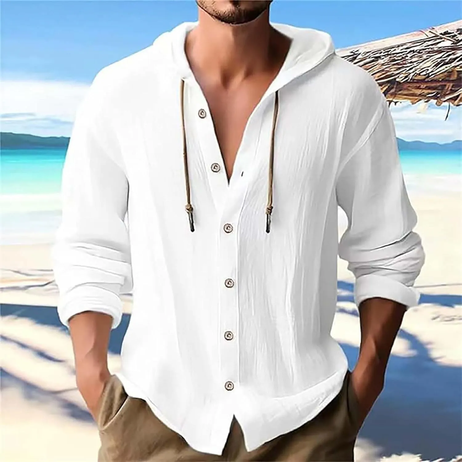 Linen Hoodie Men Casual Summer Hawaiian Untucked Shirts Lightweight Loose Fit Hooded V Neck Button Up Linen Shirts