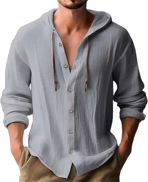 Linen Hoodie Men Casual Summer Hawaiian Untucked Shirts Lightweight Loose Fit Hooded V Neck Button Up Linen Shirts