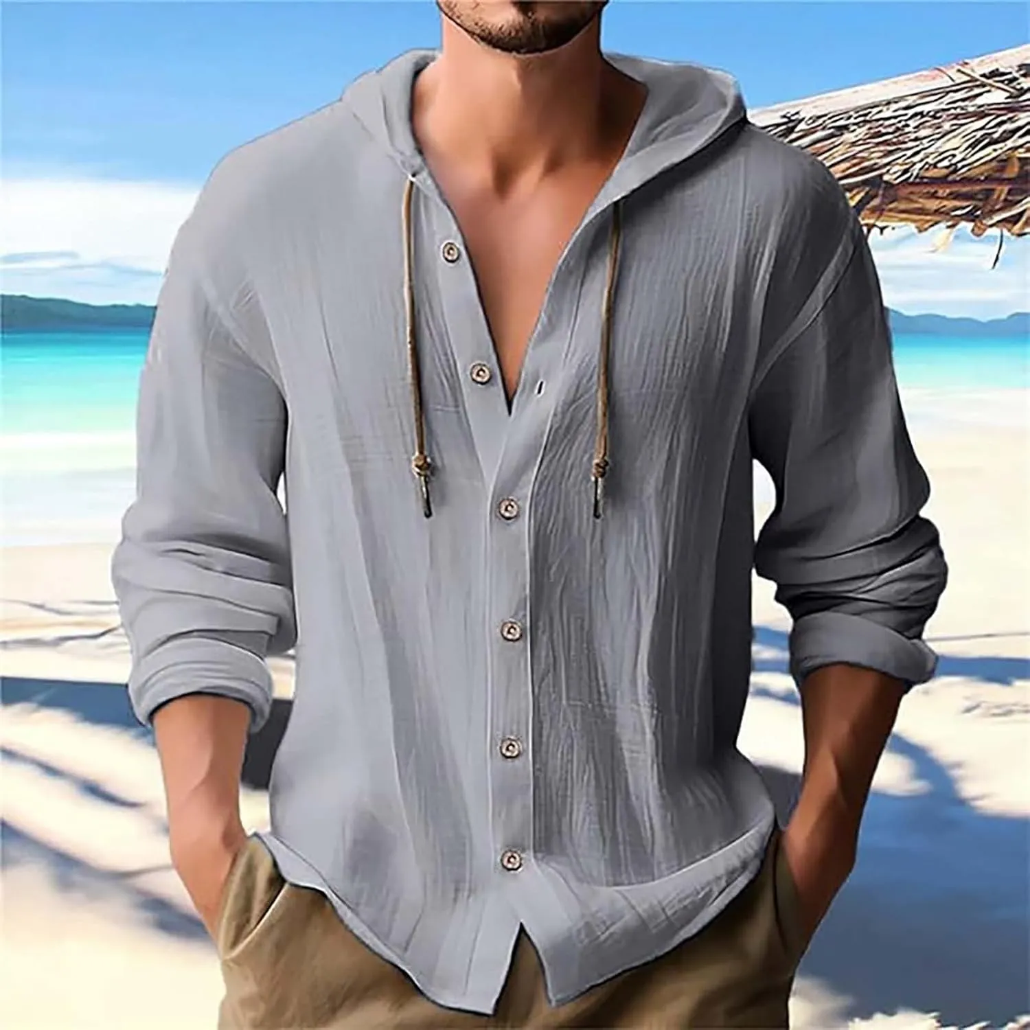 Linen Hoodie Men Casual Summer Hawaiian Untucked Shirts Lightweight Loose Fit Hooded V Neck Button Up Linen Shirts