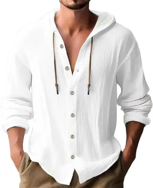 Linen Hoodie Men Casual Summer Hawaiian Untucked Shirts Lightweight Loose Fit Hooded V Neck Button Up Linen Shirts