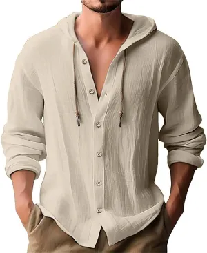 Linen Hoodie Men Casual Summer Hawaiian Untucked Shirts Lightweight Loose Fit Hooded V Neck Button Up Linen Shirts