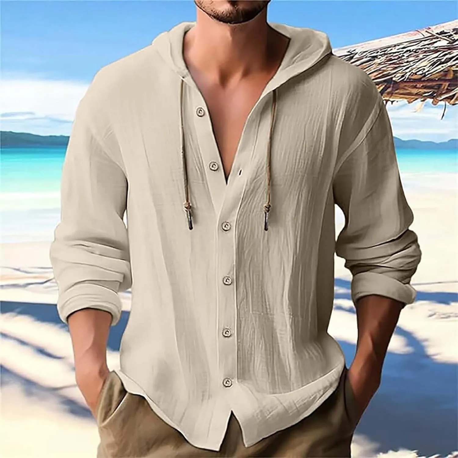 Linen Hoodie Men Casual Summer Hawaiian Untucked Shirts Lightweight Loose Fit Hooded V Neck Button Up Linen Shirts