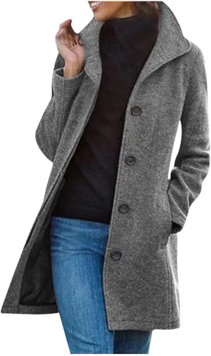 Lmdudan Long Pea Coats for Women Winter Stand Collar Single Breasted Wool Coats Wool Blend Peacoat Thicken Blazer Jackets