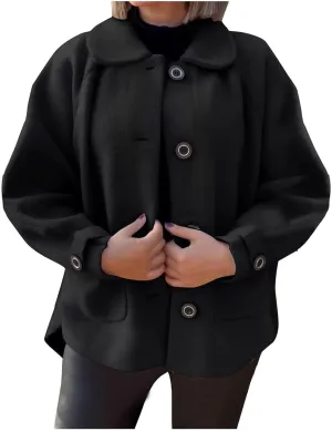 Lmdudan Wool Shacket Jacket for Women Oversized Long Sleeve Pea Coat Jackets Button Down Wool Blend Coats with Pocket