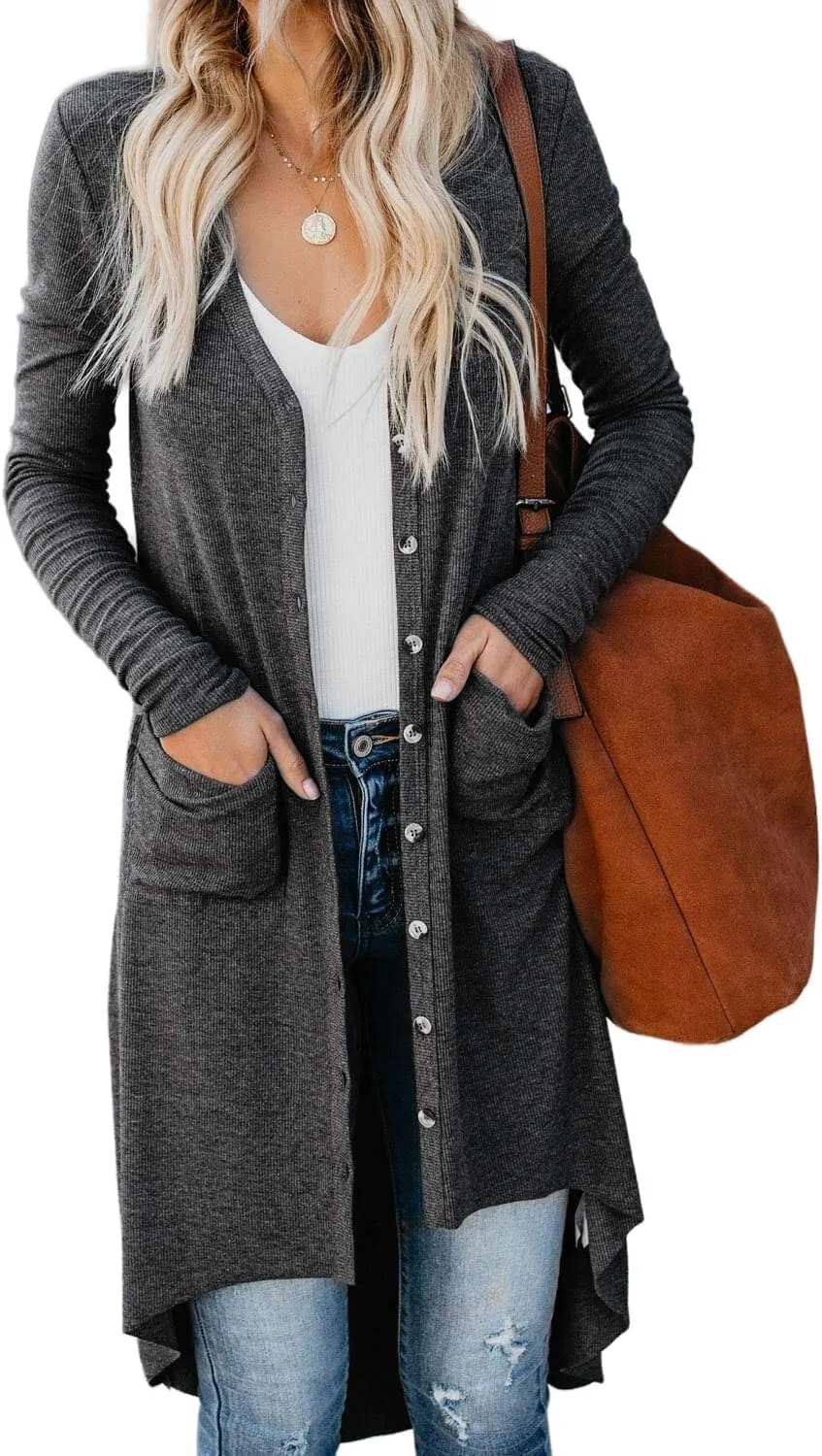 Long Cardigan Sweaters for Women Knit Open Front Cardigans Casual Button Down Long Sleeve Jacket Outwear with Pockets