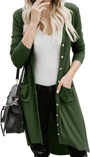 Long Cardigan Sweaters for Women Knit Open Front Cardigans Casual Button Down Long Sleeve Jacket Outwear with Pockets