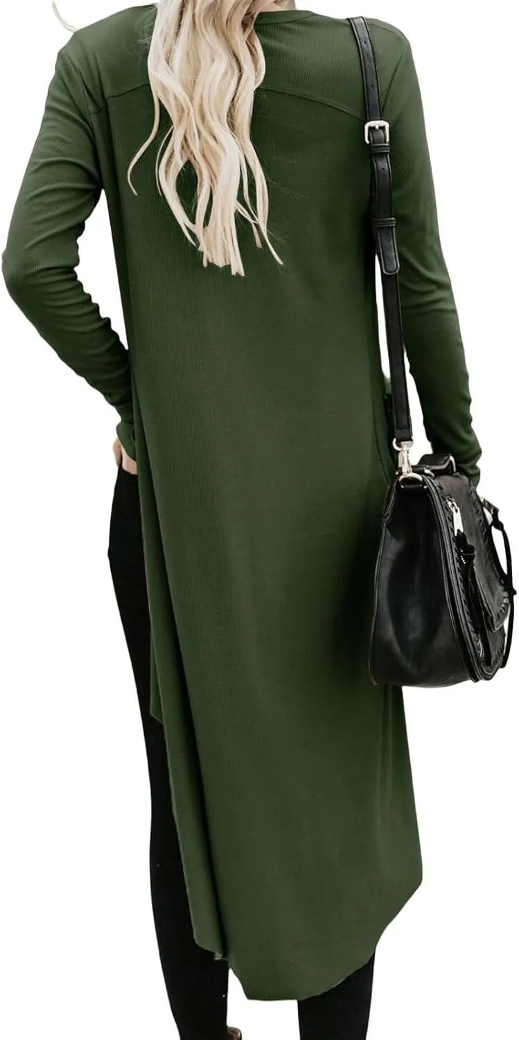 Long Cardigan Sweaters for Women Knit Open Front Cardigans Casual Button Down Long Sleeve Jacket Outwear with Pockets