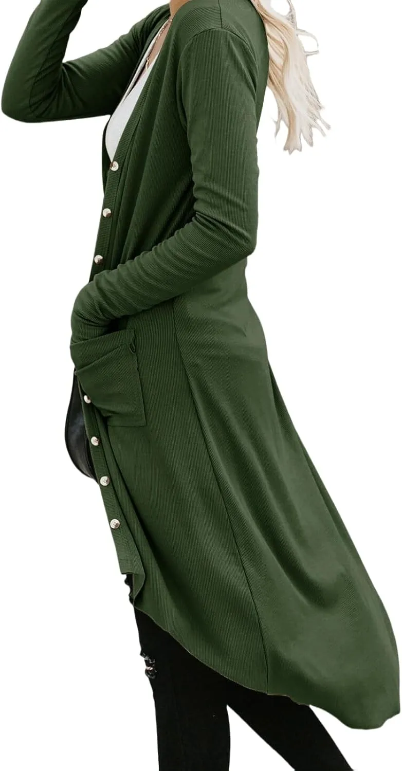 Long Cardigan Sweaters for Women Knit Open Front Cardigans Casual Button Down Long Sleeve Jacket Outwear with Pockets
