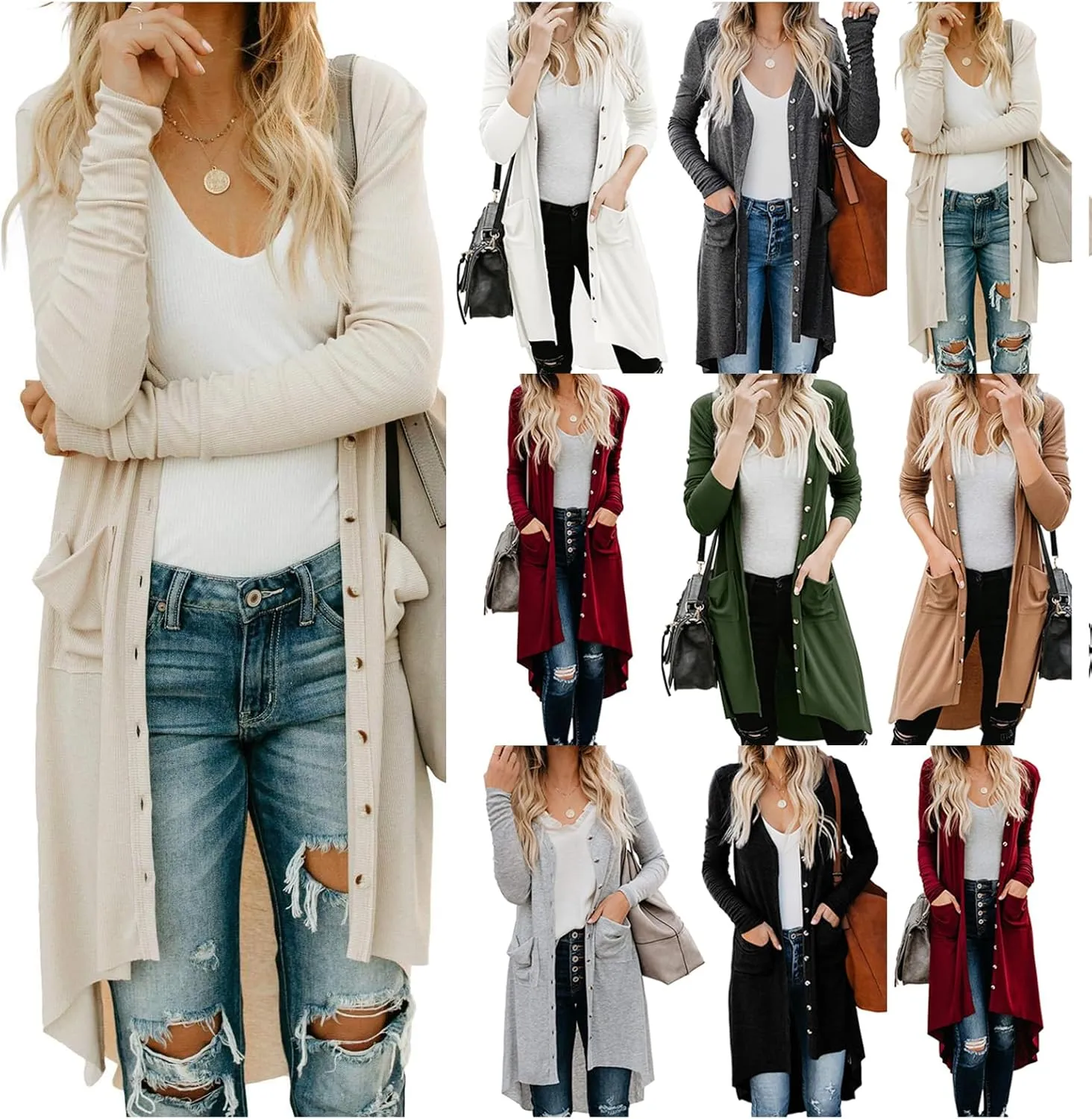 Long Cardigan Sweaters for Women Knit Open Front Cardigans Casual Button Down Long Sleeve Jacket Outwear with Pockets