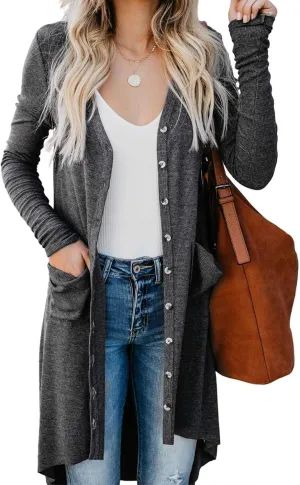 Long Cardigan Sweaters for Women Knit Open Front Cardigans Casual Button Down Long Sleeve Jacket Outwear with Pockets