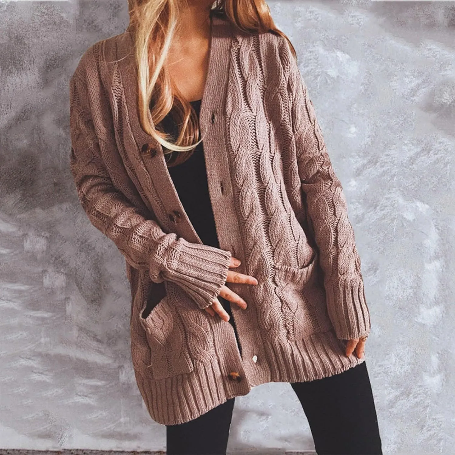 Long Cardigans for Women Long Sleeve Crew Neck Soft Cardigan Sweaters Chunky Knit Draped Outwear with Pockets