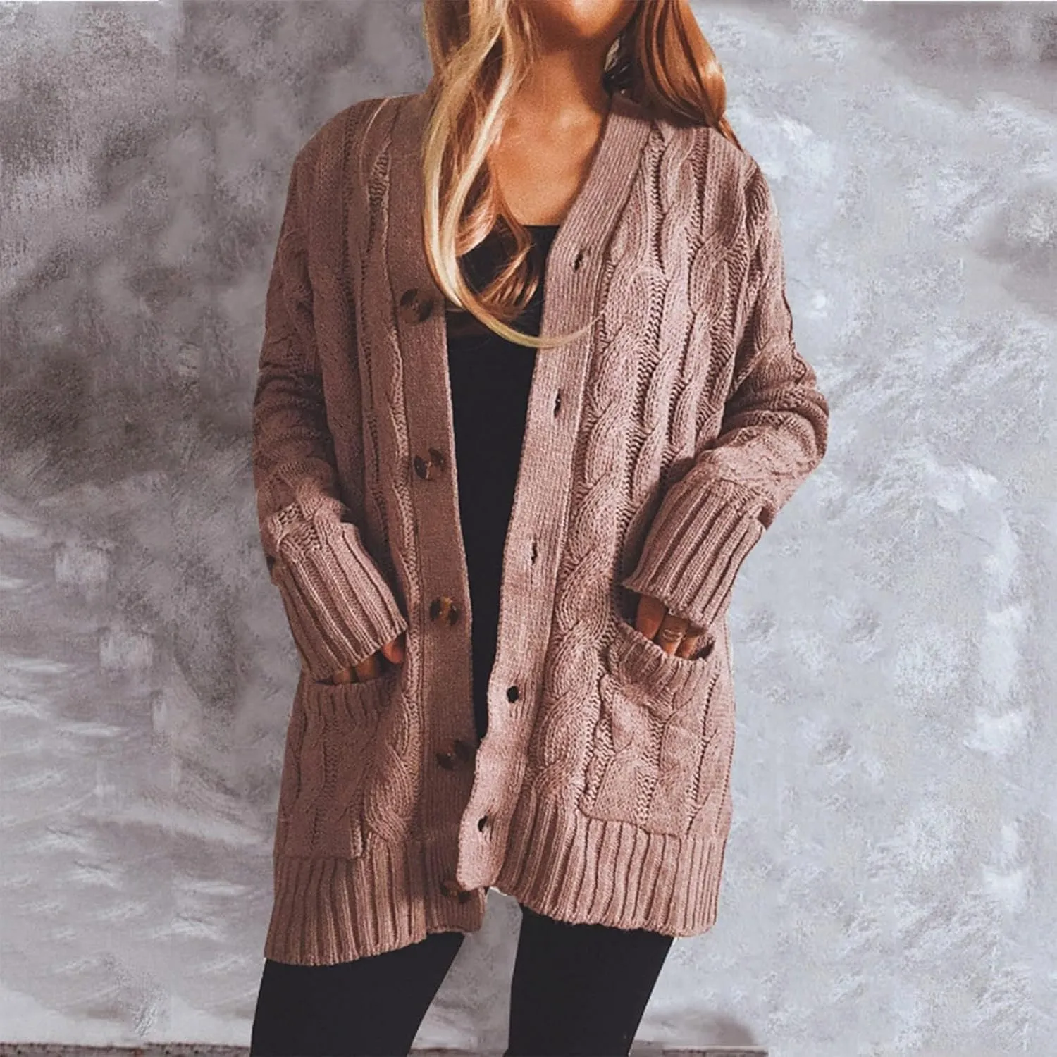 Long Cardigans for Women Long Sleeve Crew Neck Soft Cardigan Sweaters Chunky Knit Draped Outwear with Pockets