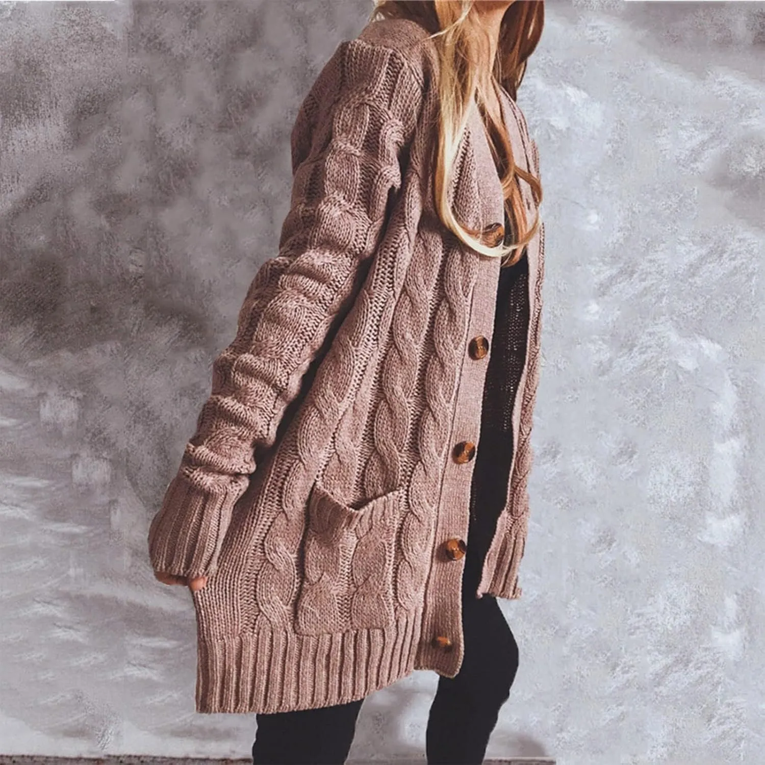 Long Cardigans for Women Long Sleeve Crew Neck Soft Cardigan Sweaters Chunky Knit Draped Outwear with Pockets