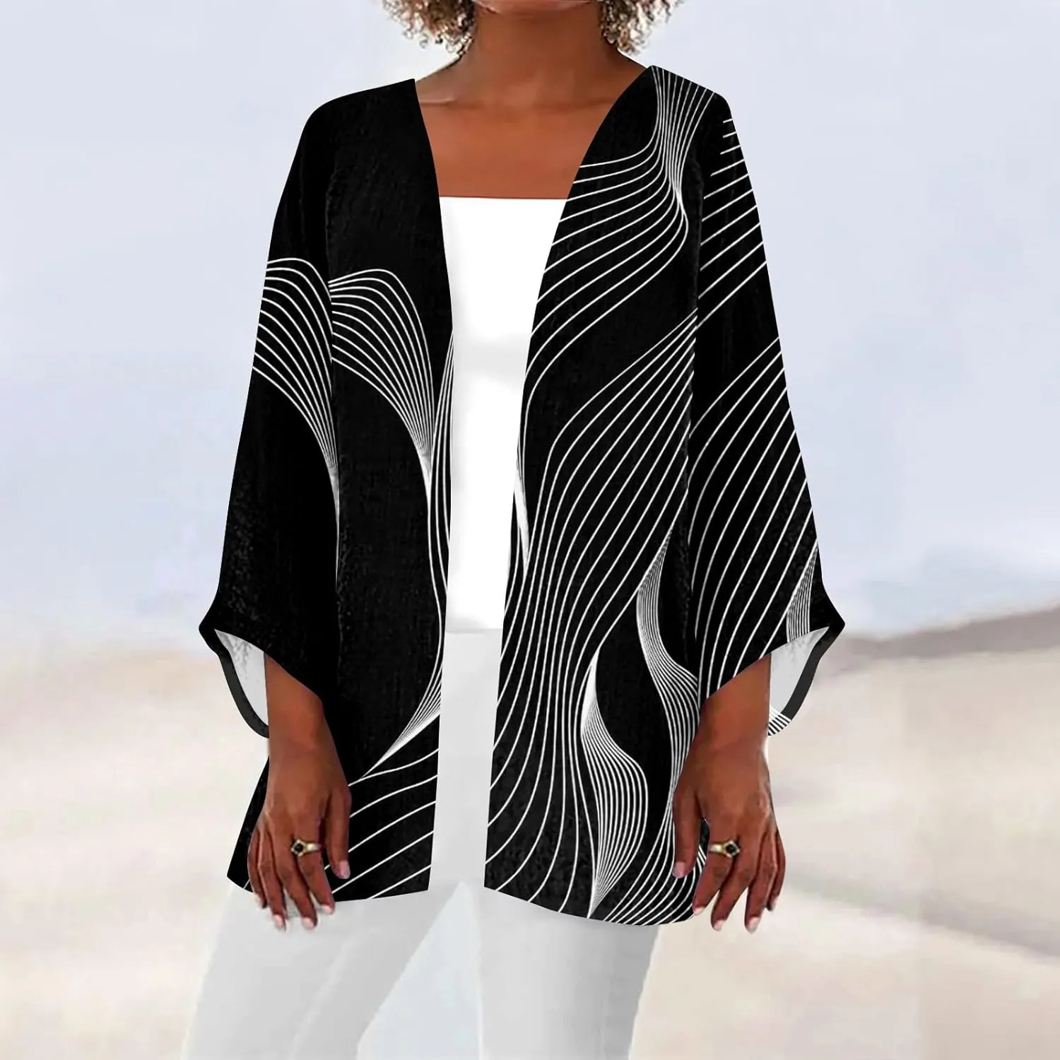 Long Cardigans for Women Trendy 3/4 Sleeve Casual Loose Open Front Cardigan Floral Printed Comfy Dressy Cardigans