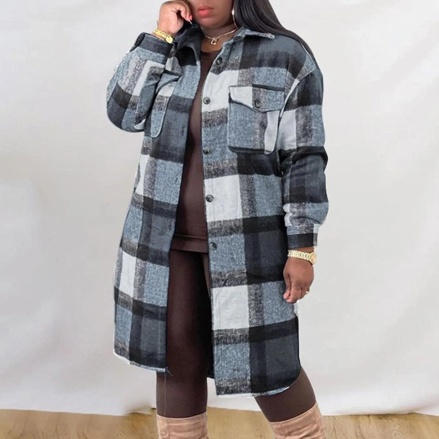 Long Jacket for Women Long Sleeve Lapel Button Up Tartan Shacket Trench Coat with Pocket Collared Duster Coat Outerwear