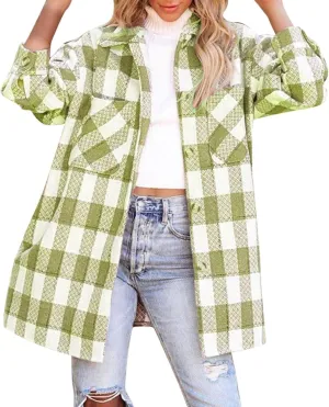 Long Jacket for Women Long Sleeve Lapel Button Up Tartan Shacket Trench Coat with Pocket Collared Duster Coat Outerwear