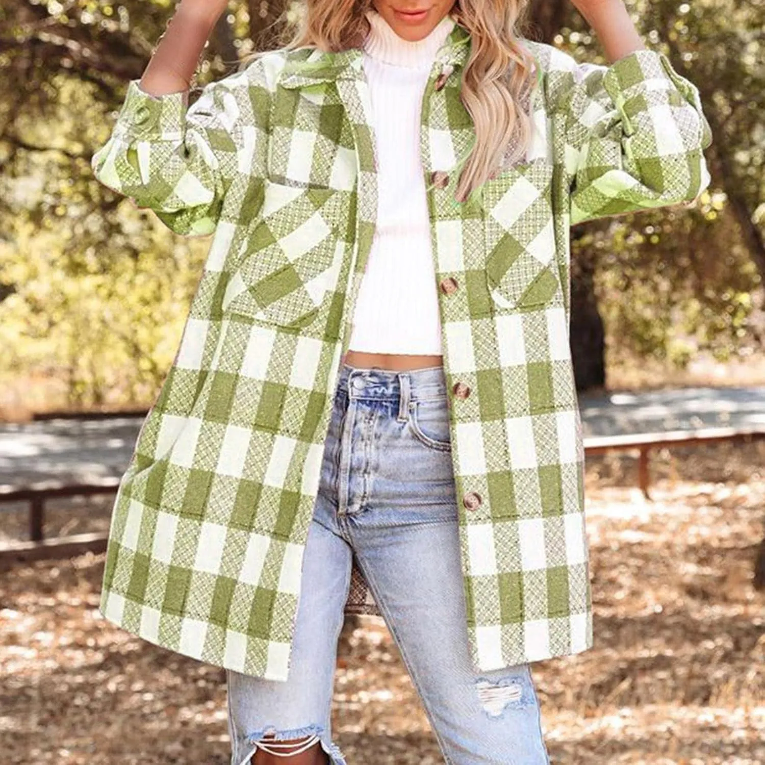 Long Jacket for Women Long Sleeve Lapel Button Up Tartan Shacket Trench Coat with Pocket Collared Duster Coat Outerwear