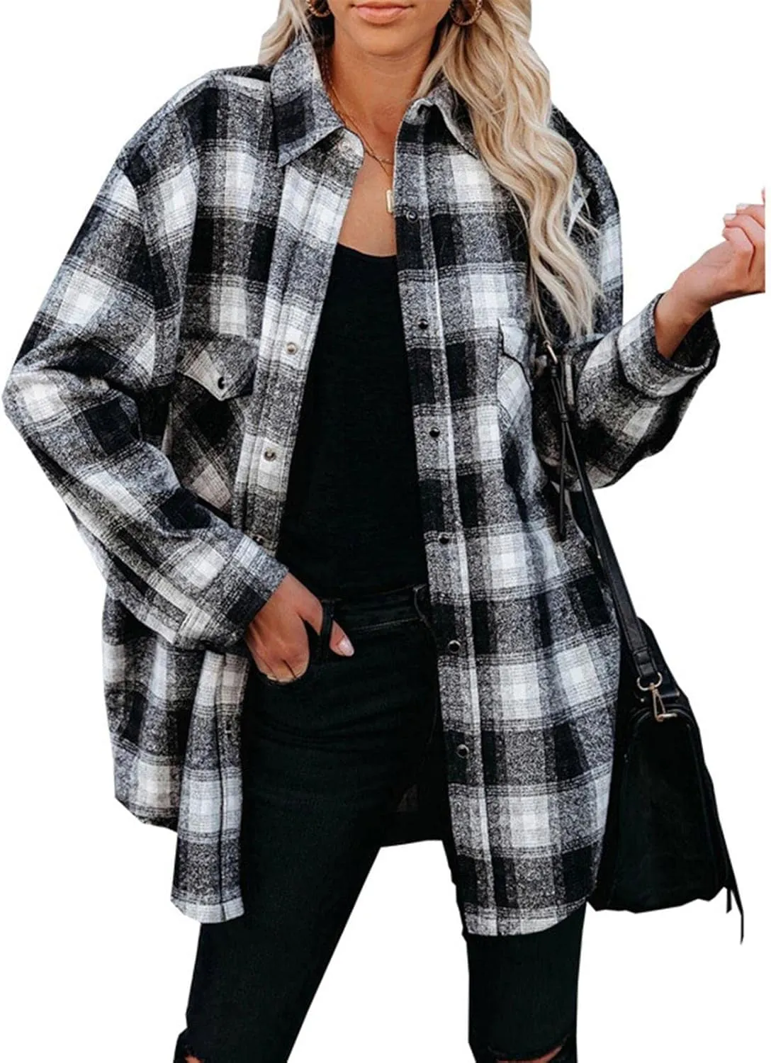 Long Jacket for Women Long Sleeve Lapel Button Up Tartan Shacket Trench Coat with Pocket Collared Duster Coat Outerwear