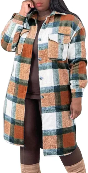 Long Jacket for Women Long Sleeve Lapel Button Up Tartan Shacket Trench Coat with Pocket Collared Duster Coat Outerwear