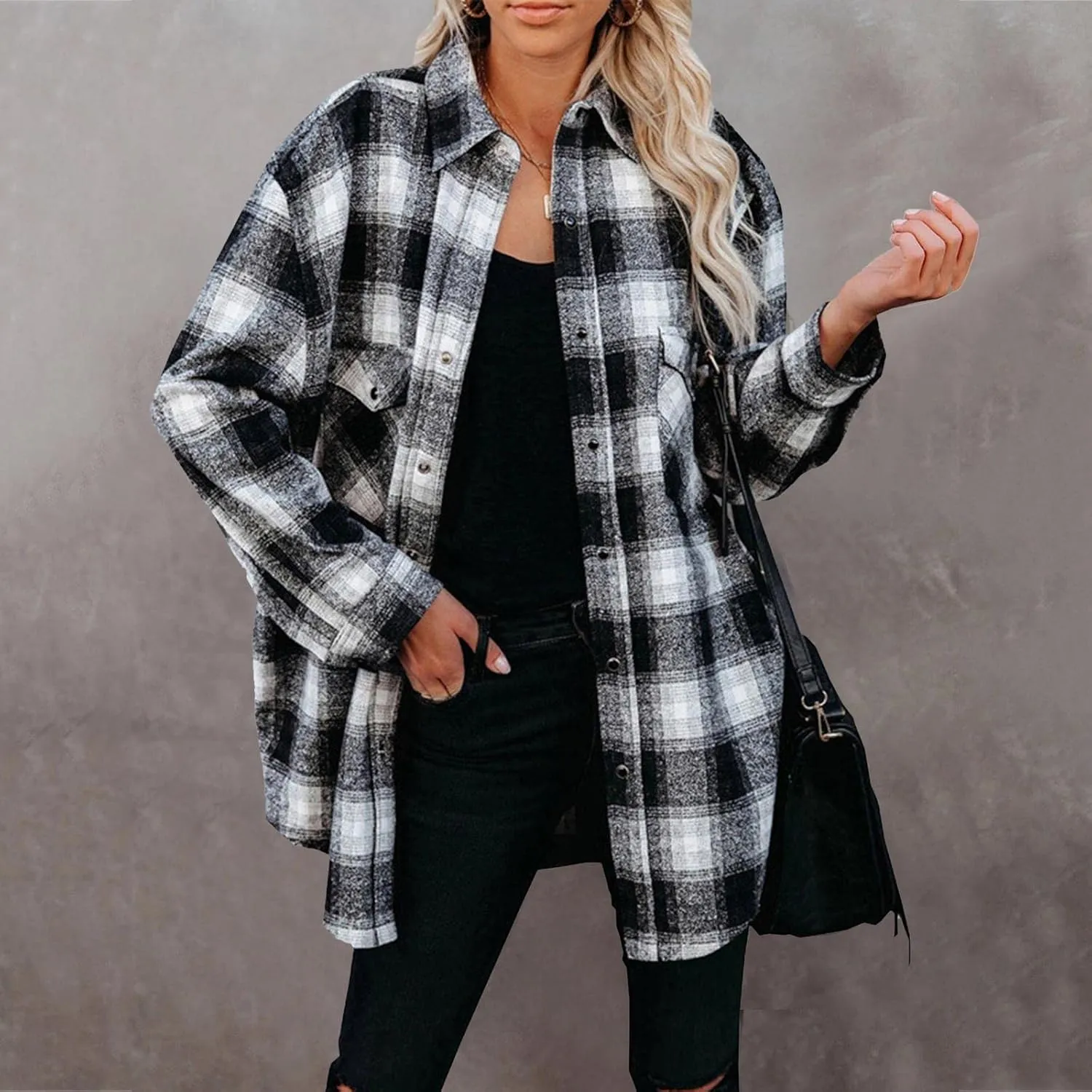 Long Jacket for Women Long Sleeve Lapel Button Up Tartan Shacket Trench Coat with Pocket Collared Duster Coat Outerwear