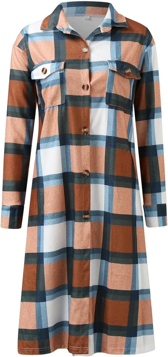 Long Jacket for Women Long Sleeve Lapel Button Up Tartan Shacket Trench Coat with Pocket Collared Duster Coat Outerwear