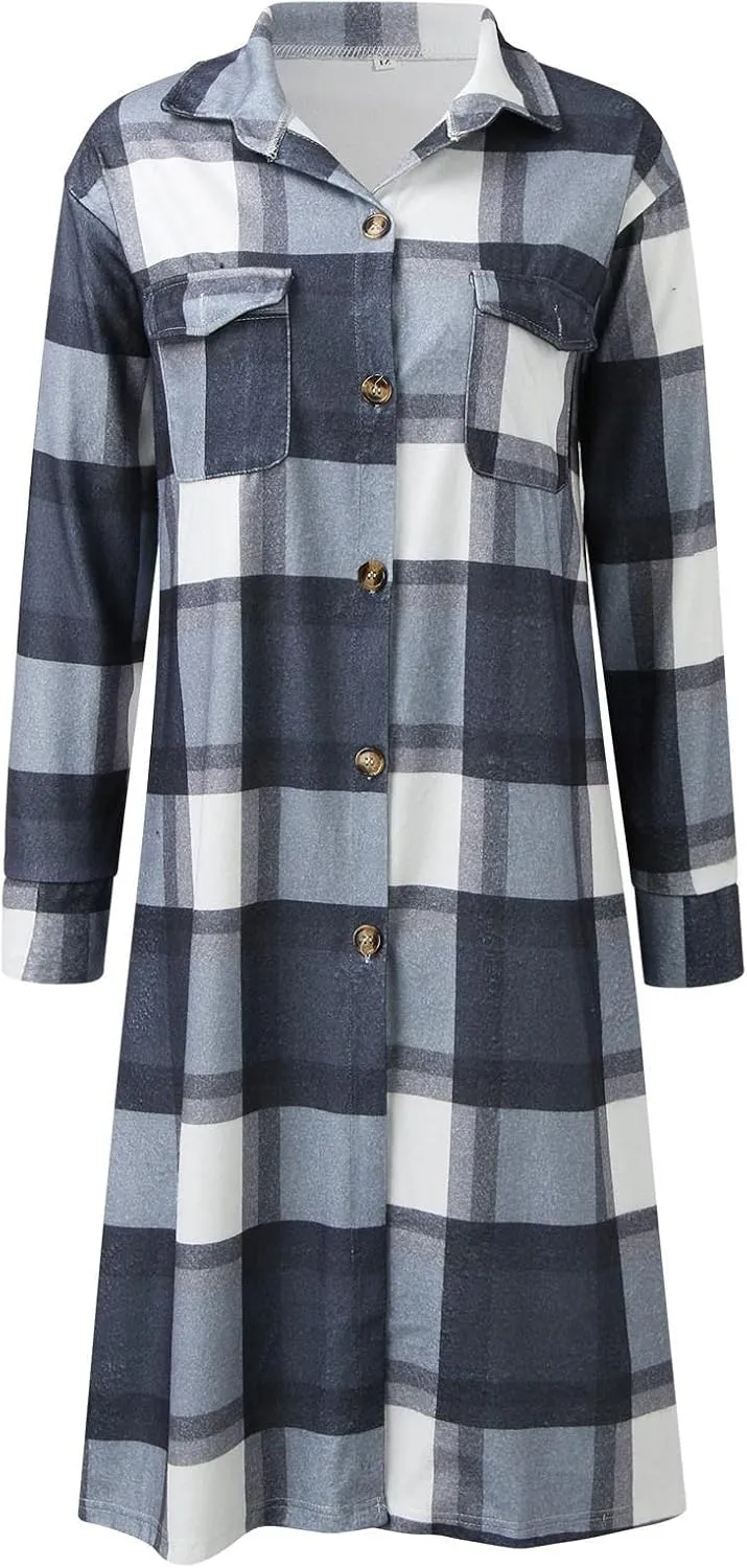 Long Jacket for Women Long Sleeve Lapel Button Up Tartan Shacket Trench Coat with Pocket Collared Duster Coat Outerwear