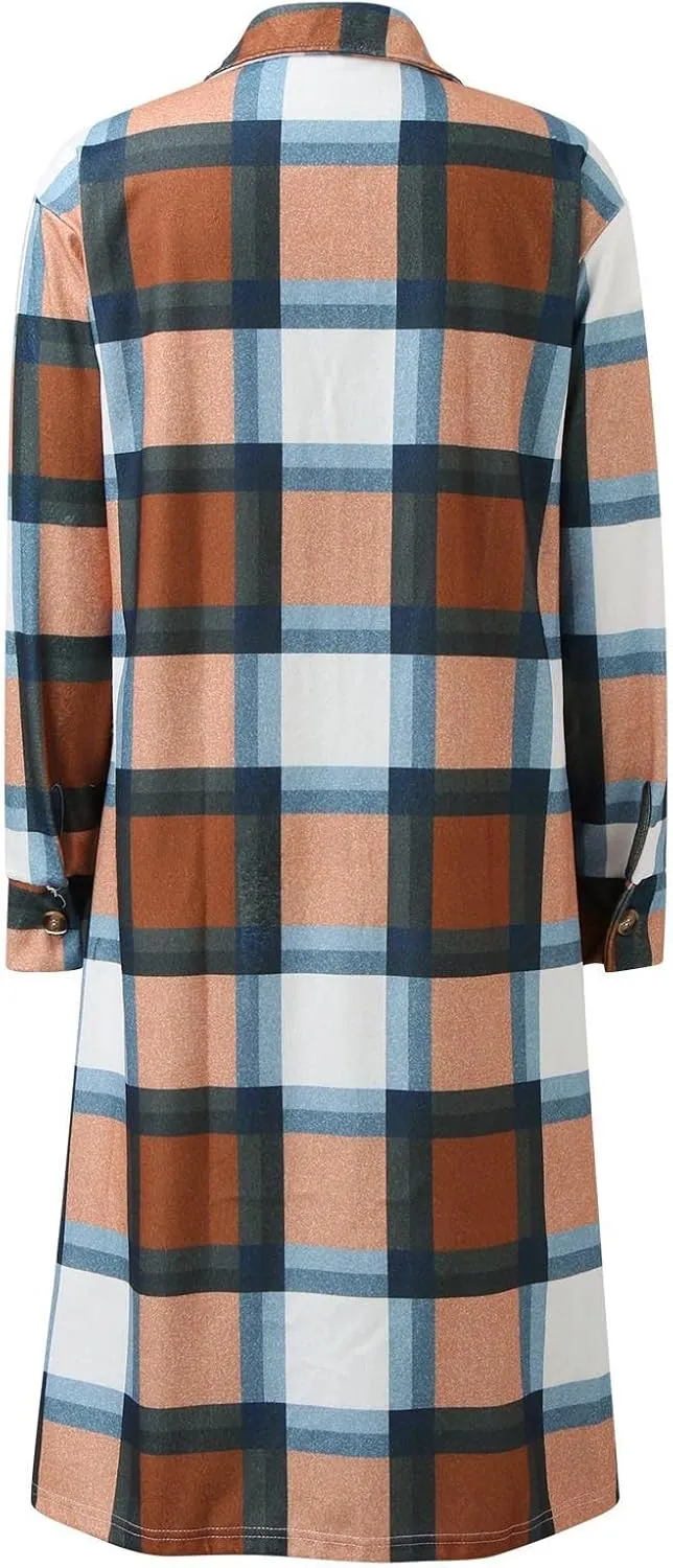 Long Jacket for Women Long Sleeve Lapel Button Up Tartan Shacket Trench Coat with Pocket Collared Duster Coat Outerwear