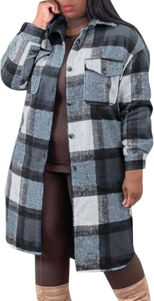 Long Jacket for Women Long Sleeve Lapel Button Up Tartan Shacket Trench Coat with Pocket Collared Duster Coat Outerwear