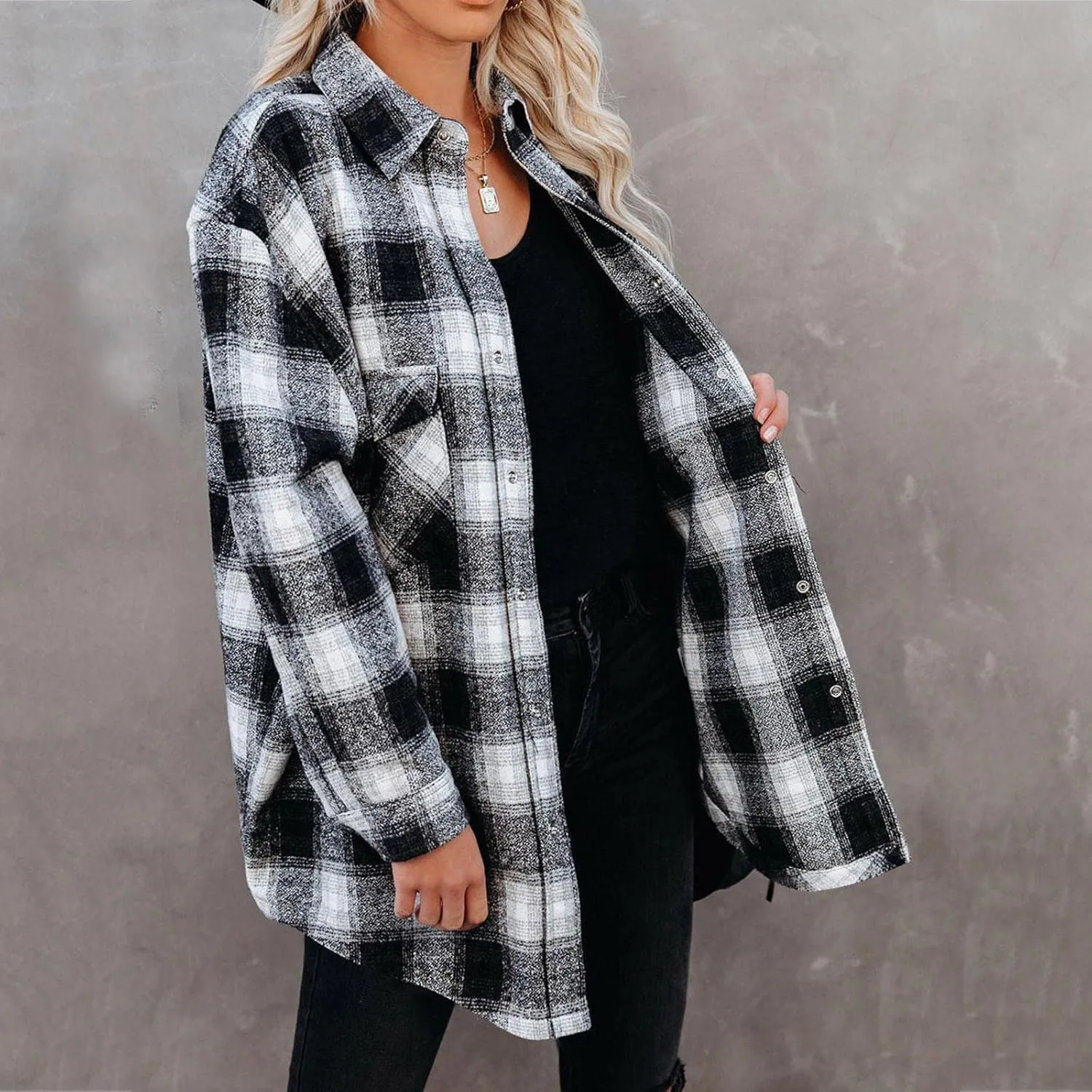 Long Jacket for Women Long Sleeve Lapel Button Up Tartan Shacket Trench Coat with Pocket Collared Duster Coat Outerwear