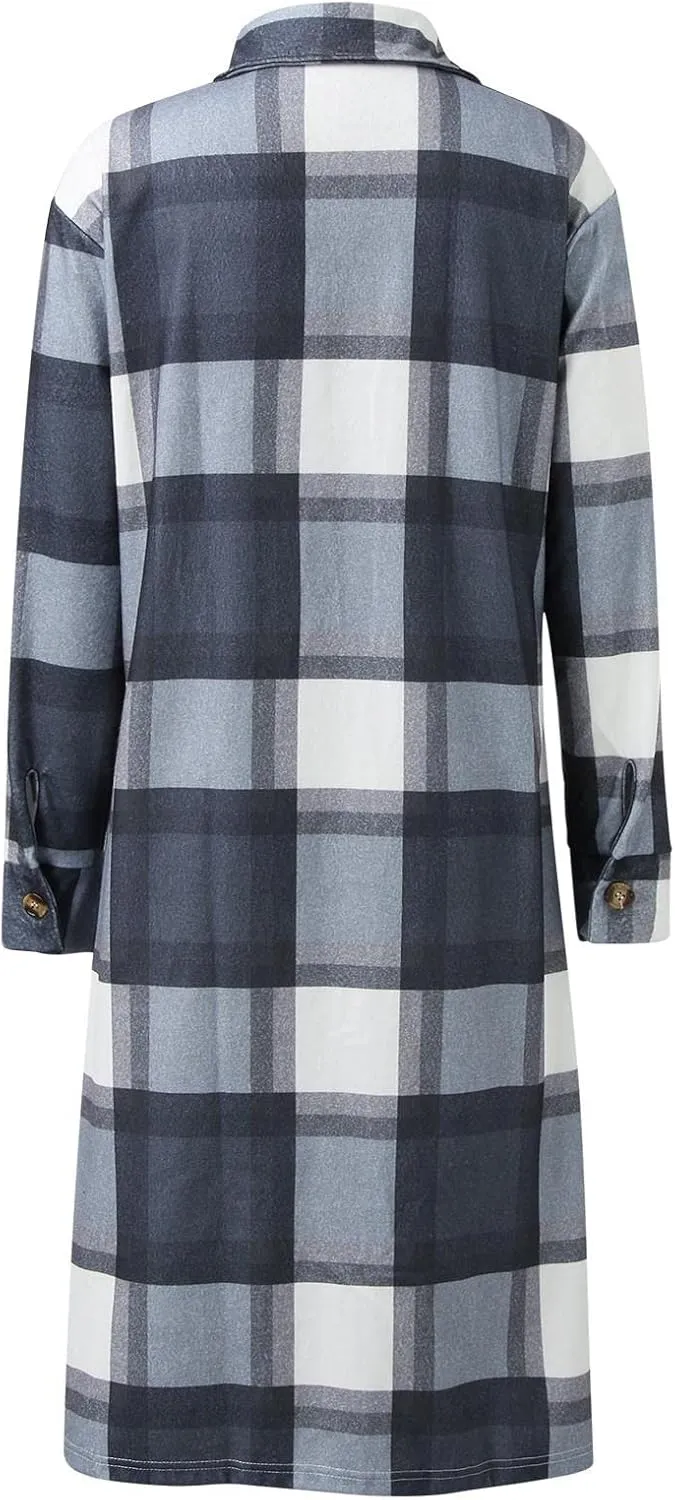Long Jacket for Women Long Sleeve Lapel Button Up Tartan Shacket Trench Coat with Pocket Collared Duster Coat Outerwear