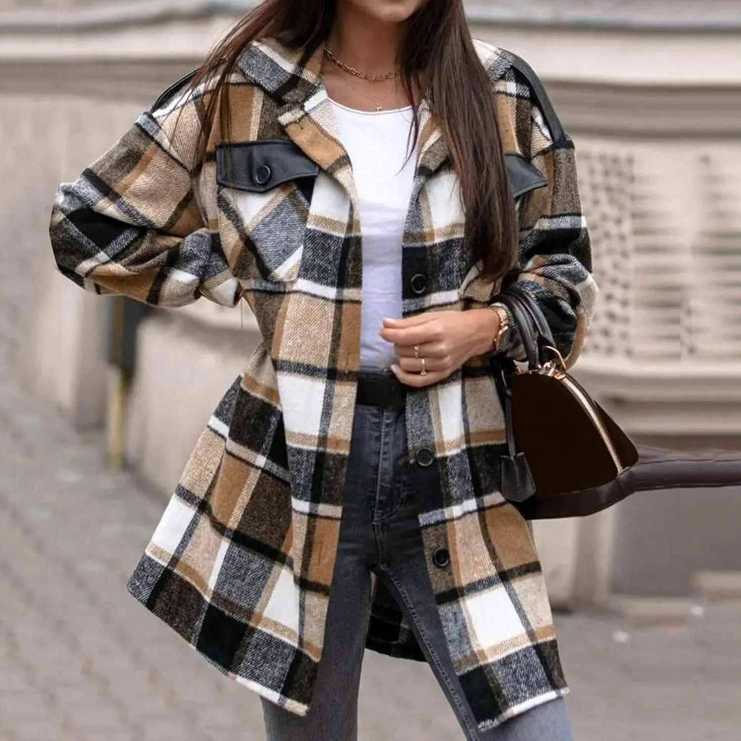 Long Jacket for Women Long Sleeve Lapel Button Up Tartan Shacket Trench Coat with Pocket Collared Duster Coat Outerwear