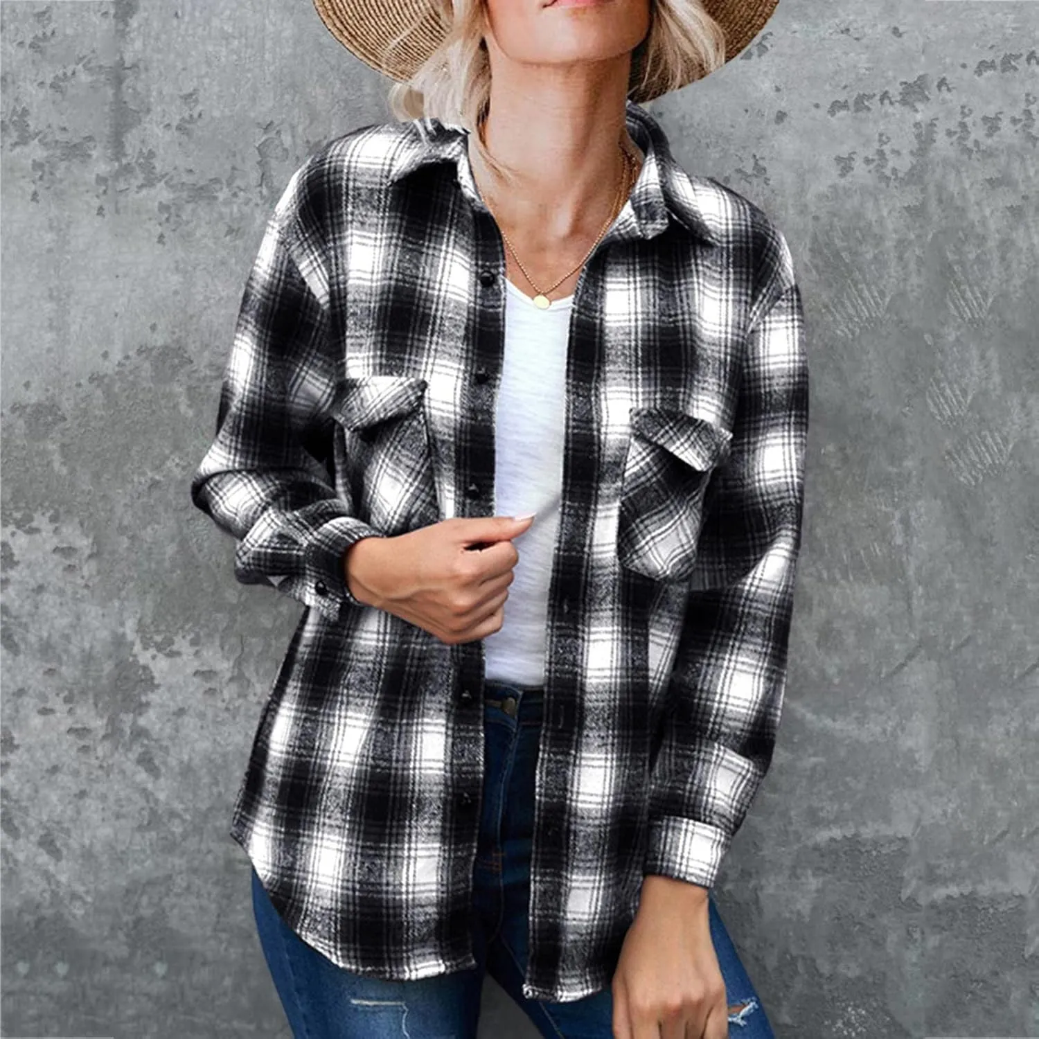Long Jacket for Women Long Sleeve Lapel Button Up Tartan Shacket Trench Coat with Pocket Collared Duster Coat Outerwear