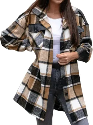 Long Jacket for Women Long Sleeve Lapel Button Up Tartan Shacket Trench Coat with Pocket Collared Duster Coat Outerwear