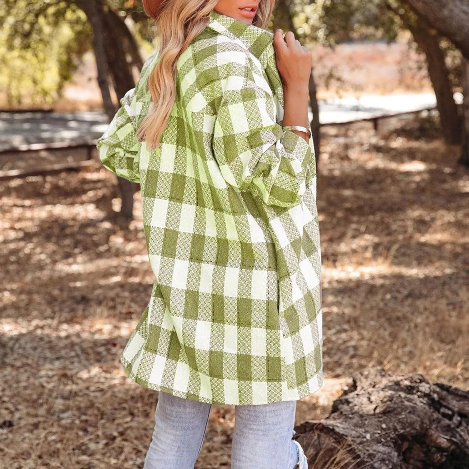 Long Jacket for Women Long Sleeve Lapel Button Up Tartan Shacket Trench Coat with Pocket Collared Duster Coat Outerwear