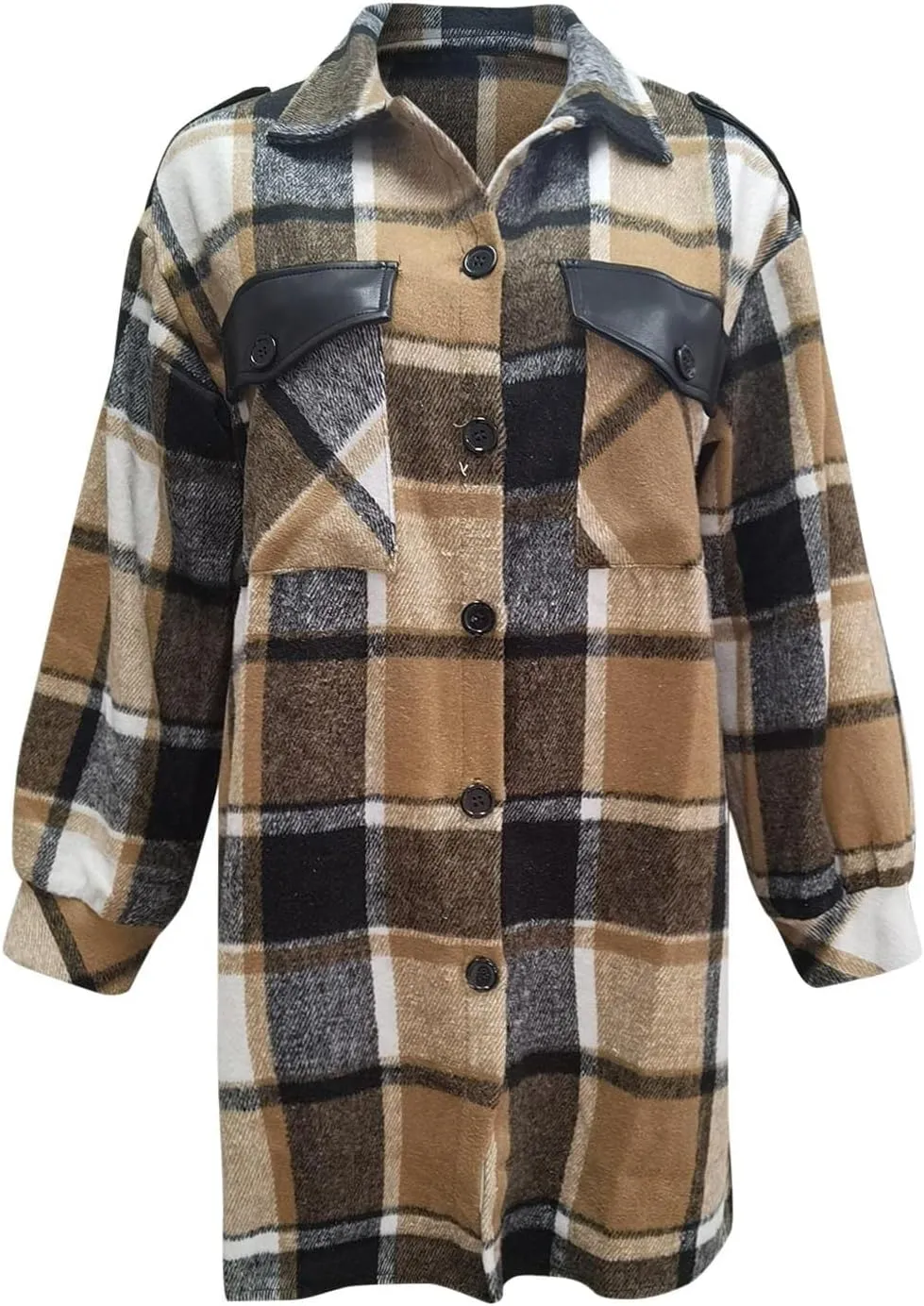Long Jacket for Women Long Sleeve Lapel Button Up Tartan Shacket Trench Coat with Pocket Collared Duster Coat Outerwear