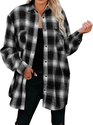 Long Jacket for Women Long Sleeve Lapel Button Up Tartan Shacket Trench Coat with Pocket Collared Duster Coat Outerwear