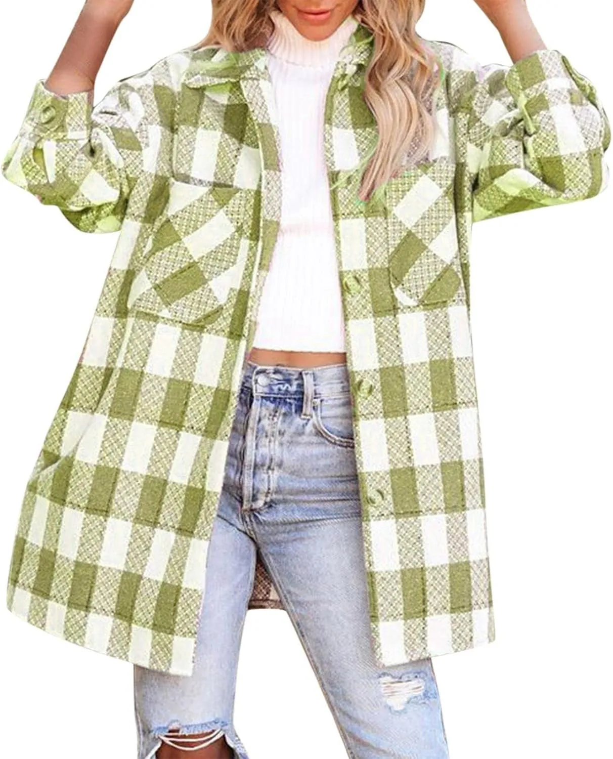 Long Jacket for Women Long Sleeve Lapel Button Up Tartan Shacket Trench Coat with Pocket Collared Duster Coat Outerwear