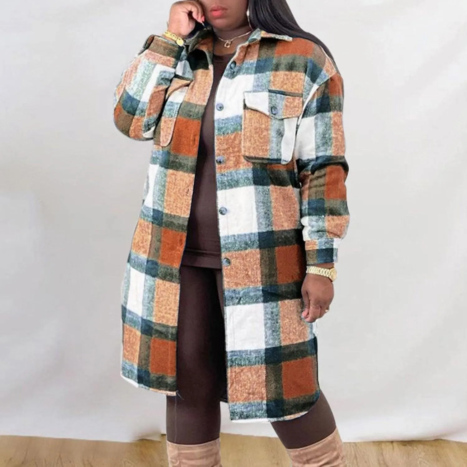 Long Jacket for Women Long Sleeve Lapel Button Up Tartan Shacket Trench Coat with Pocket Collared Duster Coat Outerwear