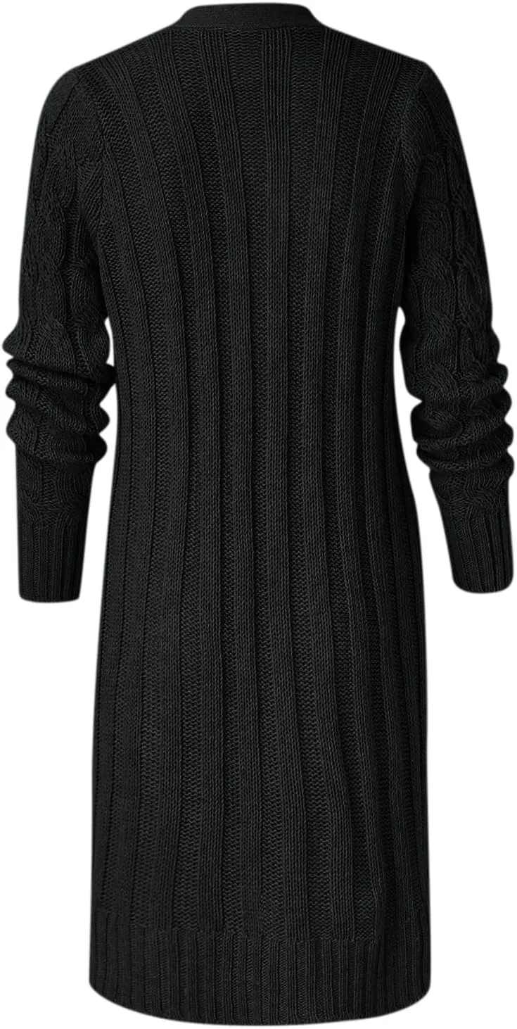 Long Sleeve Cable Knit Long Cardigan for Women 2024 Fall Winter Open Front Button Chunky Sweaters with Pockets