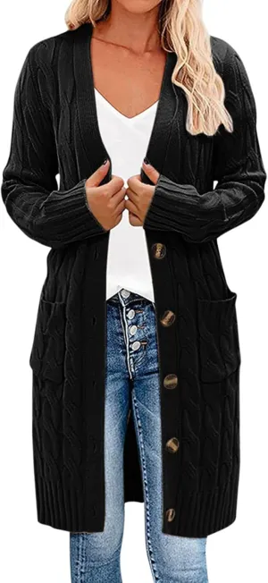 Long Sleeve Cable Knit Long Cardigan for Women 2024 Fall Winter Open Front Button Chunky Sweaters with Pockets