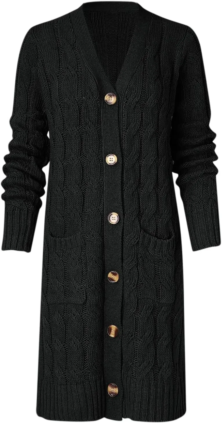 Long Sleeve Cable Knit Long Cardigan for Women 2024 Fall Winter Open Front Button Chunky Sweaters with Pockets