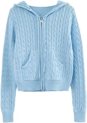 Long Sleeve Top Cropped Cardigans Women Knit Sweaters Zipper Up Cardigan Hooded Sweater Coat