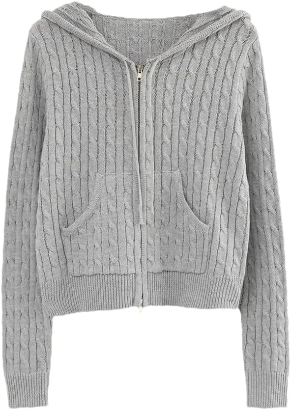 Long Sleeve Top Cropped Cardigans Women Knit Sweaters Zipper Up Cardigan Hooded Sweater Coat