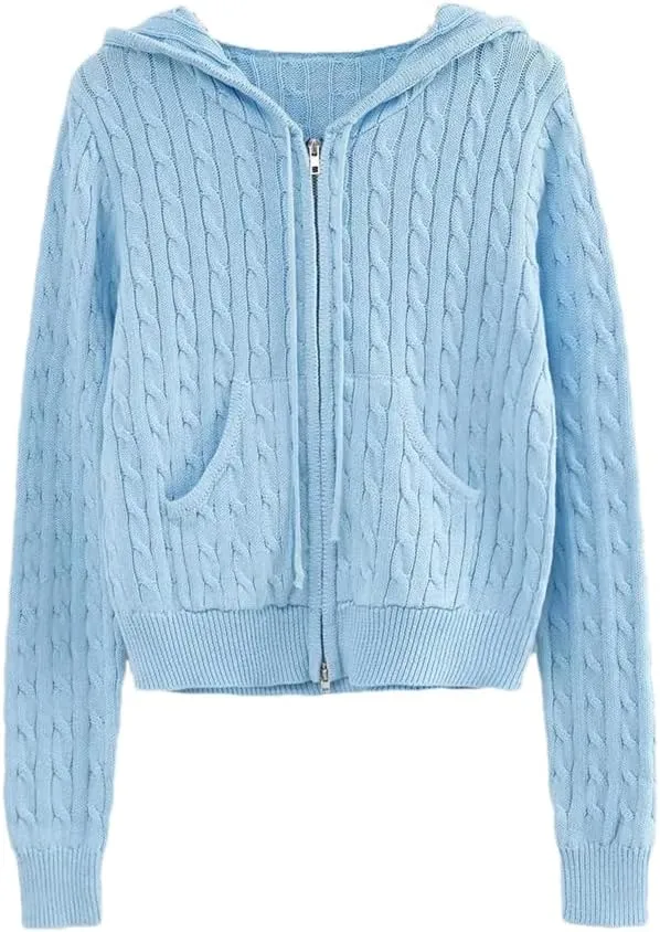 Long Sleeve Top Cropped Cardigans Women Knit Sweaters Zipper Up Cardigan Hooded Sweater Coat
