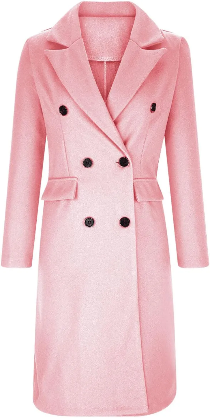 Long Trench Coat for Women Casual Double Breasted Pea Coat Winter Notched Lapel Midi Wool Coat Jacket Overcoat